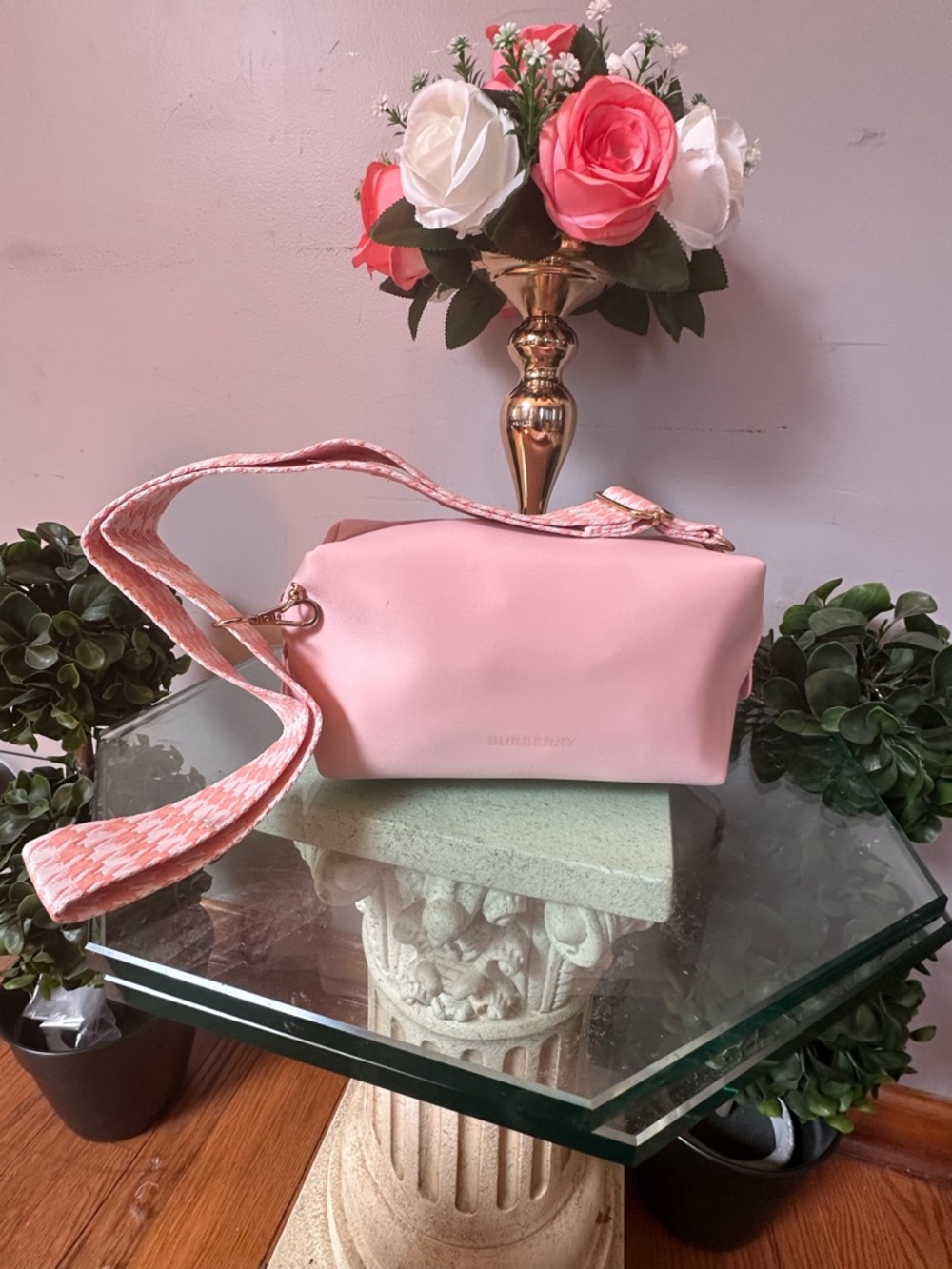 Burberry Pink Women's Crossbody Bag with Patterned Strap